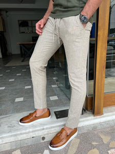 Morrison Slim Fit Striped Beige Linen Pants