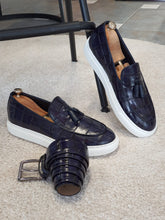 Load image into Gallery viewer, Ross Sardinelli Eva Sole Croc Design Navy Blue Tasseled Leather Shoes
