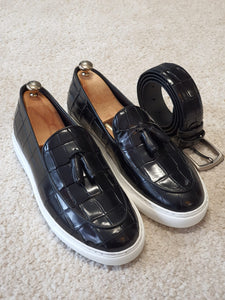 Ross Sardinelli Eva Sole Croc Tasseled Leather Black Shoes
