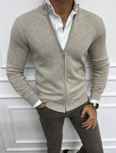 Load image into Gallery viewer, Leon Slim Fit Thin Zippered Beige Cardigan Sweater
