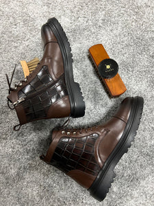 Louis Special Edition Zippered Croc Theme Leather Brown Boots
