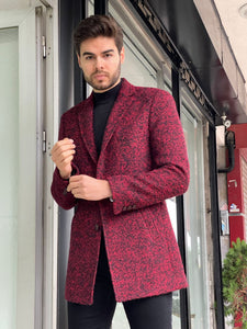 Brett Slim Fit Patterned Claret-Red Woolen Coat