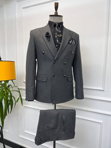 Rick Slim Fit Special Design Double Breasted Grey Detailed Suit