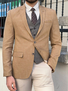 Fred Slim Fit High Quality Self-Patterned Mustard Cotton Blazer