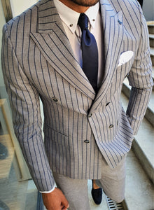 Verno Slim Fit Striped Double Breasted Grey & Navy Suit