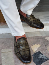 Load image into Gallery viewer, Jake Sardinelli Double Buckled Croc Khaki Leather Shoes

