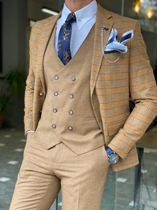 Riley Slim Fit Plaid Striped Camel Suit