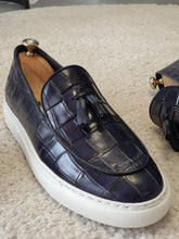 Load image into Gallery viewer, Ross Sardinelli Eva Sole Croc Design Navy Blue Tasseled Leather Shoes
