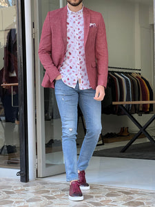 Fred Slim Fit High Quality Self-Patterned Red Cotton Blazer