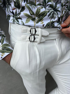 Cooper Slim Fit Pleated Waist Buckle Detailed White Pants