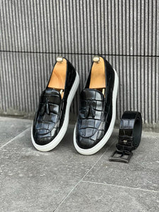 Benson Buckled Croc Detailed Black Loafer