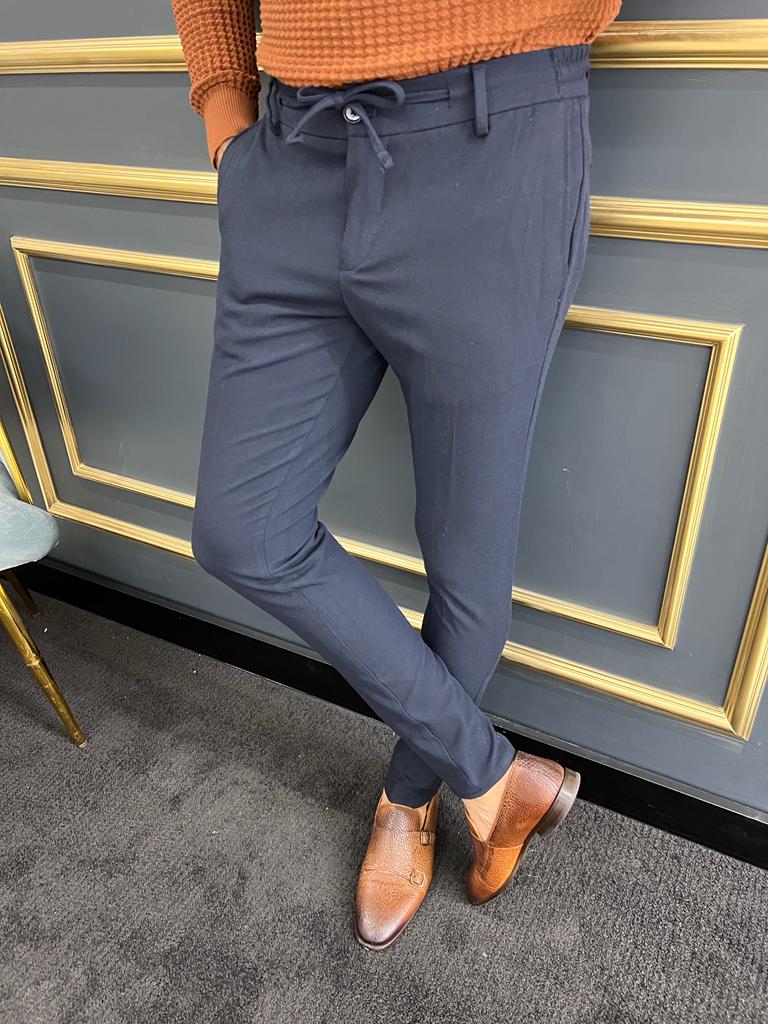 Thread Slim Fit Rope Detailed Dark Blue Trouser – MCR TAILOR