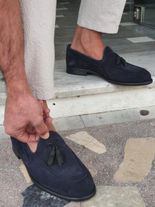 Vince Sardinelli Tasseled Detail Suede Navy Leather Loafer
