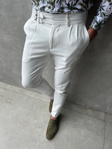 Cooper Slim Fit Pleated Waist Buckle Detailed White Pants