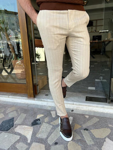 Lars Slim Fit Camel Striped Trousers