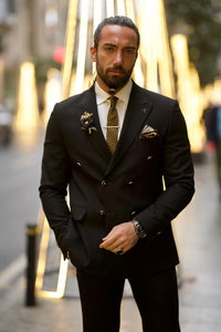 Leon Slim Fit Double Breasted Black Detailed Suit