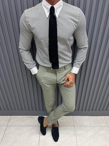 Noah Slim Fit Striped Grey Chain Collared Detailed Shirt