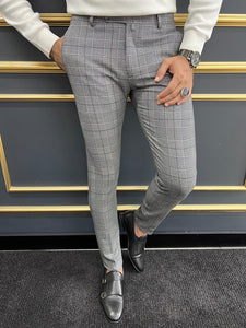 Evan Slim Fit Grey Plaid Striped Pants