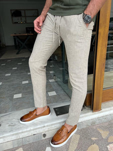 Morrison Slim Fit Striped Beige Linen Pants