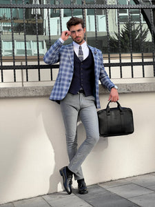 Efe Slim Fit Patterned Pointed Collared Light Navy Blue Plaid Suit
