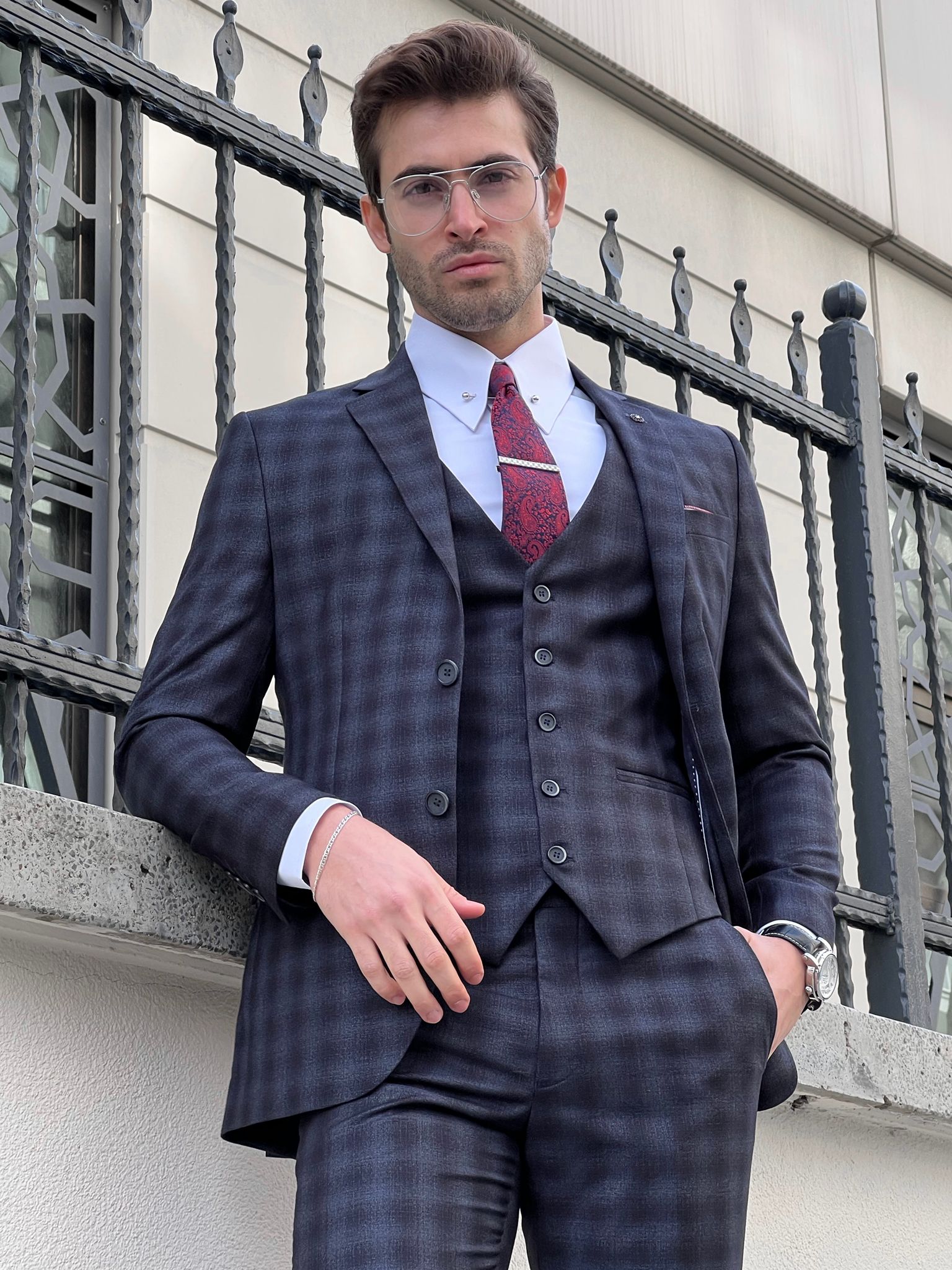Louis Slim Fit Black & Navy Business Plaid Suit – MCR TAILOR