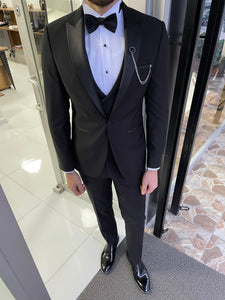 Carson Slim Fit Woolen Black Tuxedo with Dovetail Collar