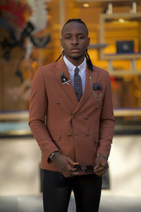 Phil Slim Fit Double Breasted Camel Detailed Blazer Only