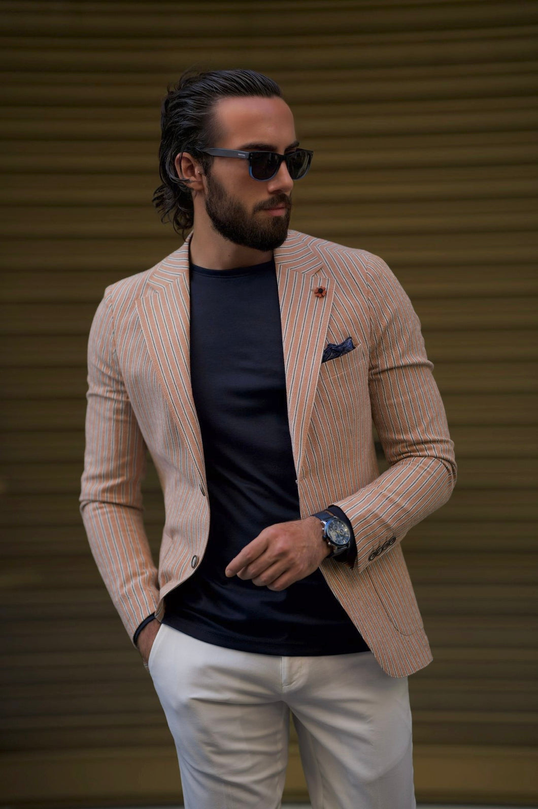 Phil Slim Fit Double Breasted Camel Blazer Only