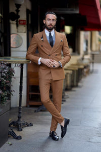 Evan Slim Fit Camel Double Breasted Suit