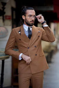 Evan Slim Fit Camel Double Breasted Suit