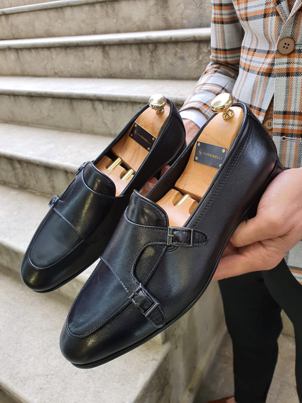 Genova Special Edition Sardinelli Black Monk Strap Leather Shoes