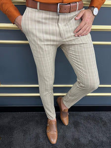 Like Slim Fit Beige Plaid Trousers