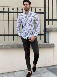 Ben Slim Fit High Quality Patterned White & Khaki Cotton Shirt