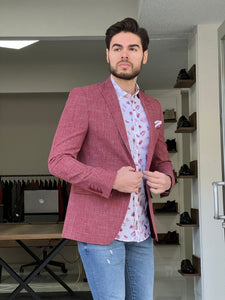 Fred Slim Fit High Quality Self-Patterned Red Cotton Blazer