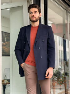 Csarson Slim Fit Double Breasted Navy Blue Winter Coat