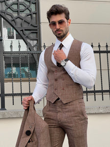 Efe Slim Fit Patterned Pointed Collared Camel Suit