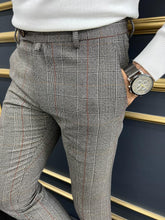 Load image into Gallery viewer, Evan Slim Fit Grey Camel Plaid Striped Pants
