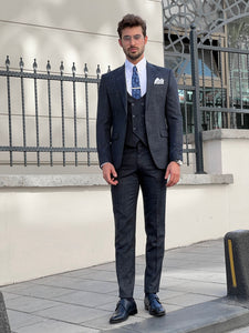 Efe Slim Fit Patterned Pointed Collared Blue Suit