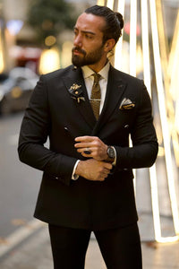 Leon Slim Fit Double Breasted Black Detailed Suit