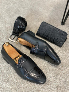 Rob Double Buckled Detail Croc Black Loafers