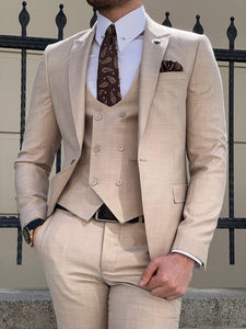 Ben Slim Fit Self-Patterned Woolen Beige Suit