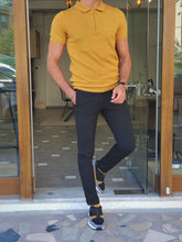 Load image into Gallery viewer, Max Slim Fit Self Patterned Zippered Polo Knitted Mustard Tees
