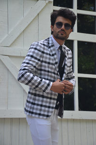 Perry Slim Fit Plaid Grey & White Suit