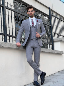 Efe Slim Fit Patterned Pointed Collared Gray Suit