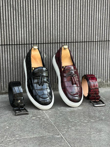 Benson Buckled Croc Detailed Burgundy Shoes