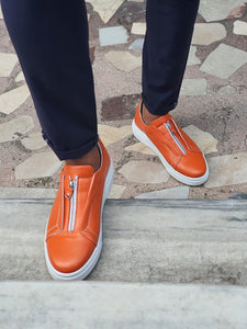 Chase Sardinelli Eva Sole Orange Zippered Leather Shoes