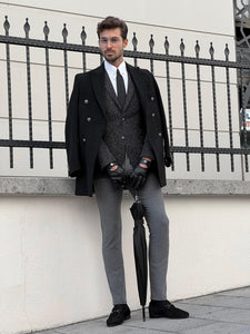 Efe SLim Fit Double Breasted Woolen Black Coat