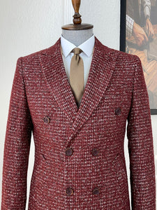 Connor Slim Fit Double Breasted Claret Red Patterned Coat