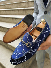 Load image into Gallery viewer, Genova Sardinelli Embroidered Velvet Buckled Navy Loafers

