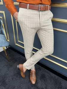 Like Slim Fit Beige Plaid Trousers